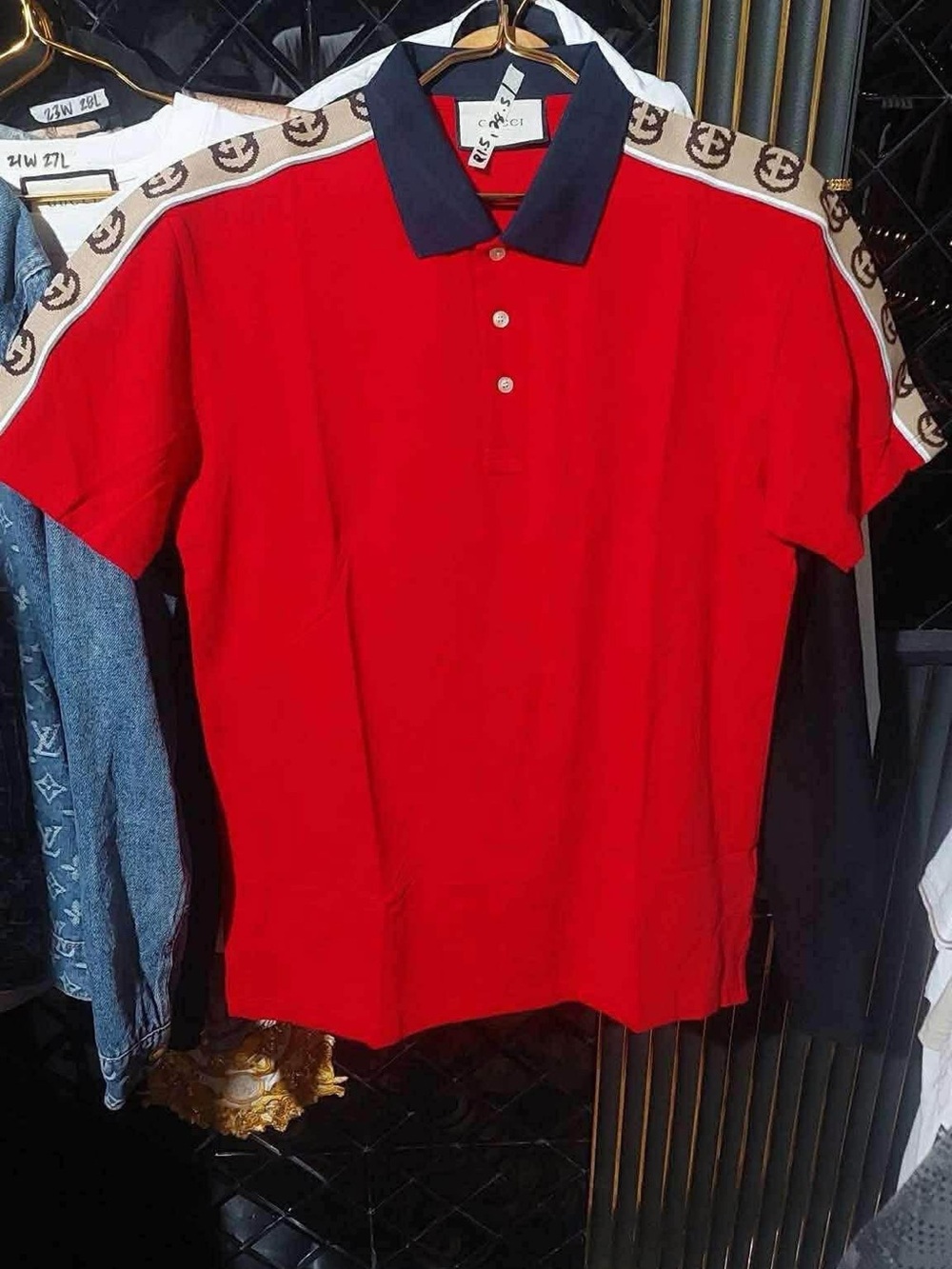 Gucci Red Polo with Navy Contrast Collar and Logo Shoulder Tape